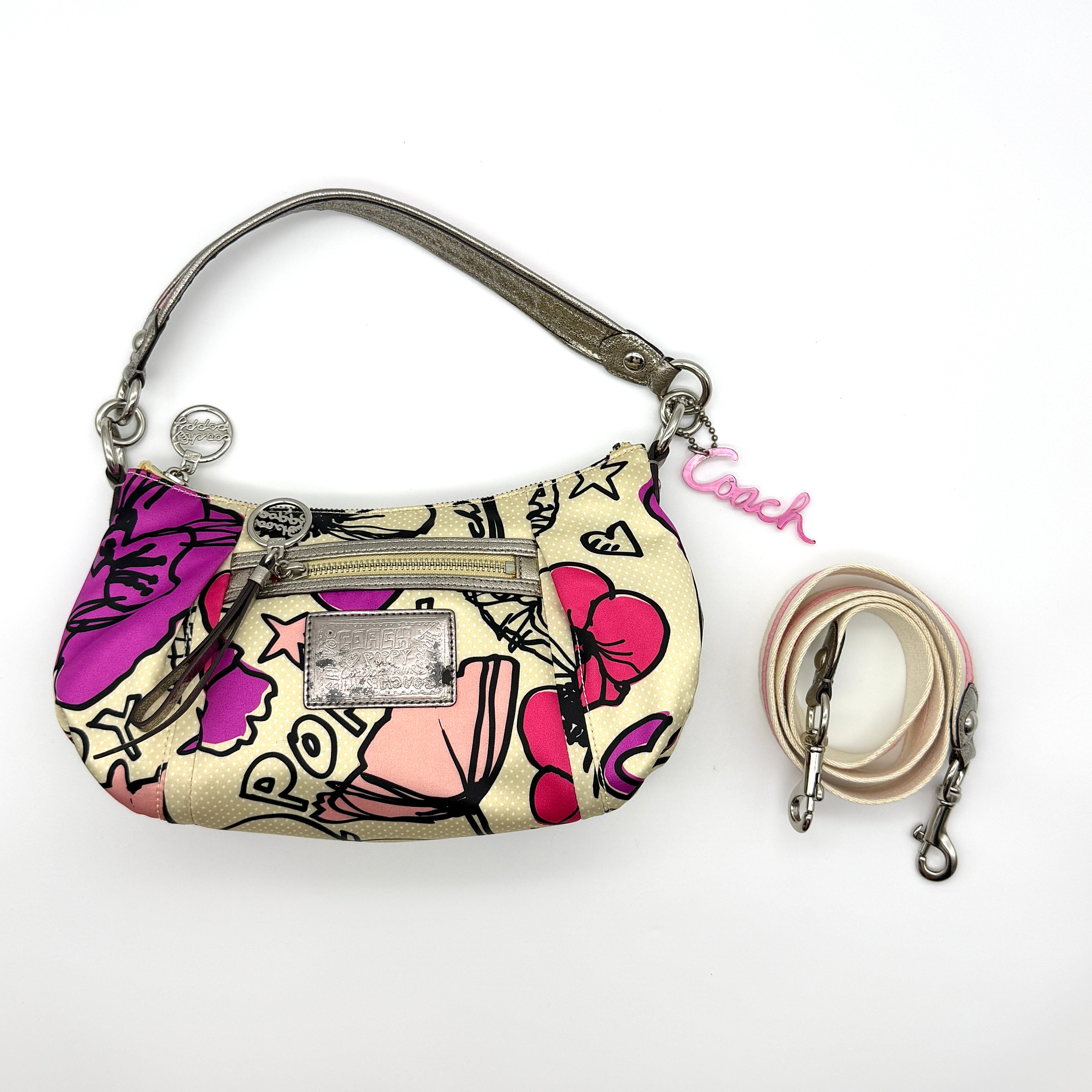 Coach 2Way Multicolour Satin Poppy Shoulder Bag featuring floral print with silver leather trim, pink charm, and red interior lining