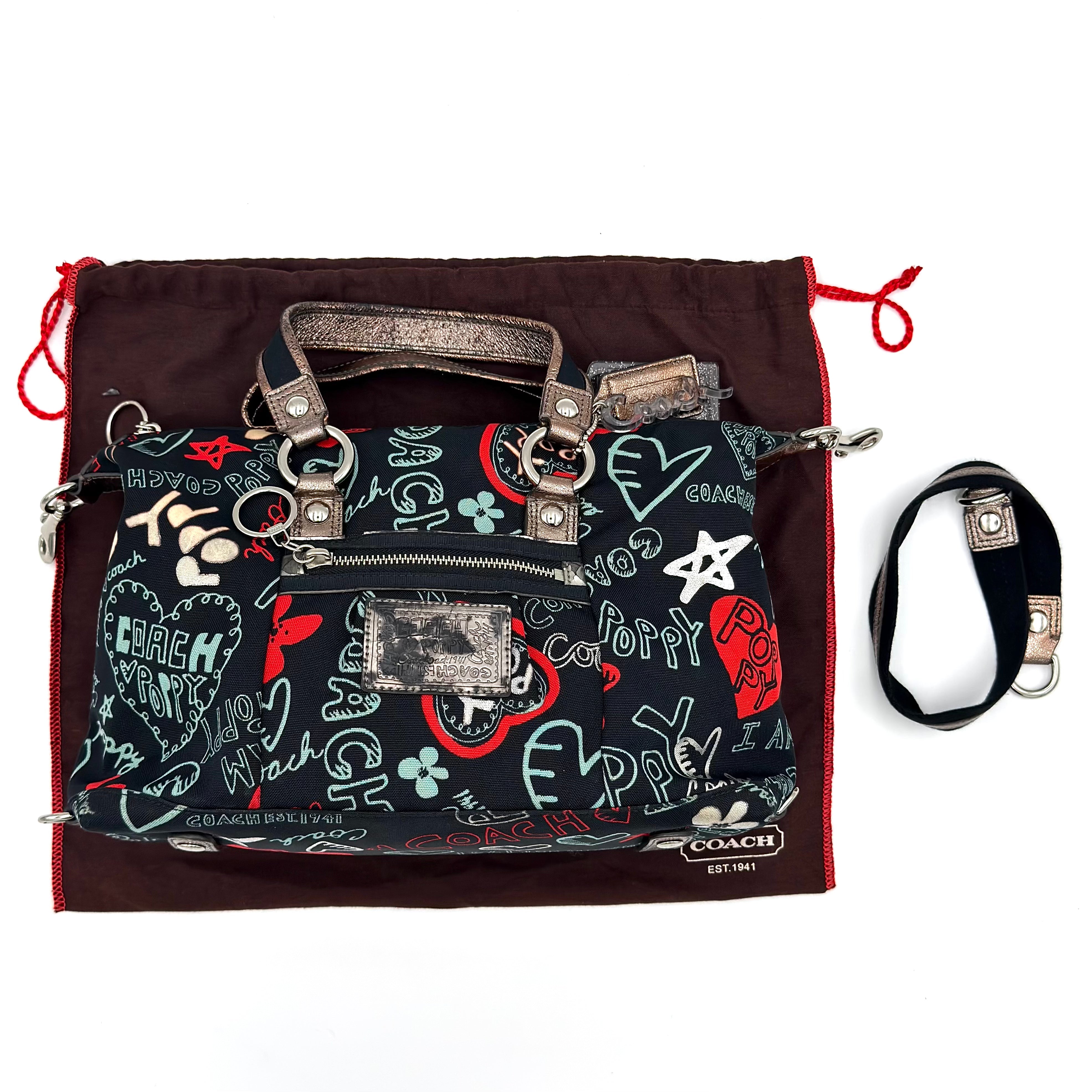Coach 2Way Poppy Graffiti Lurex Shoulder Bag in multicolor with metallic silver trim and red interior lining