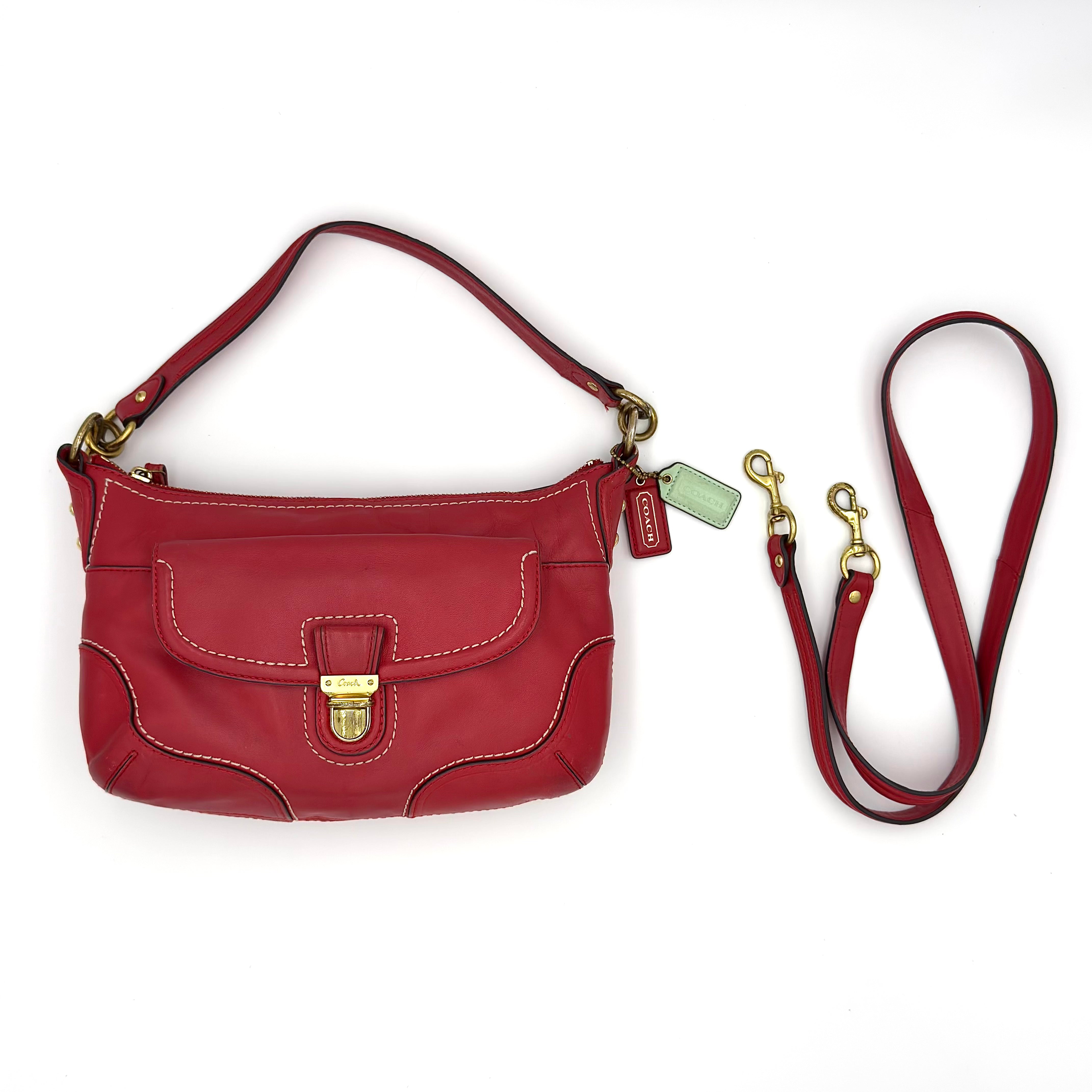 Coach 2Way Poppy Shoulder Bag in red leather with brass hardware and buckle front closure