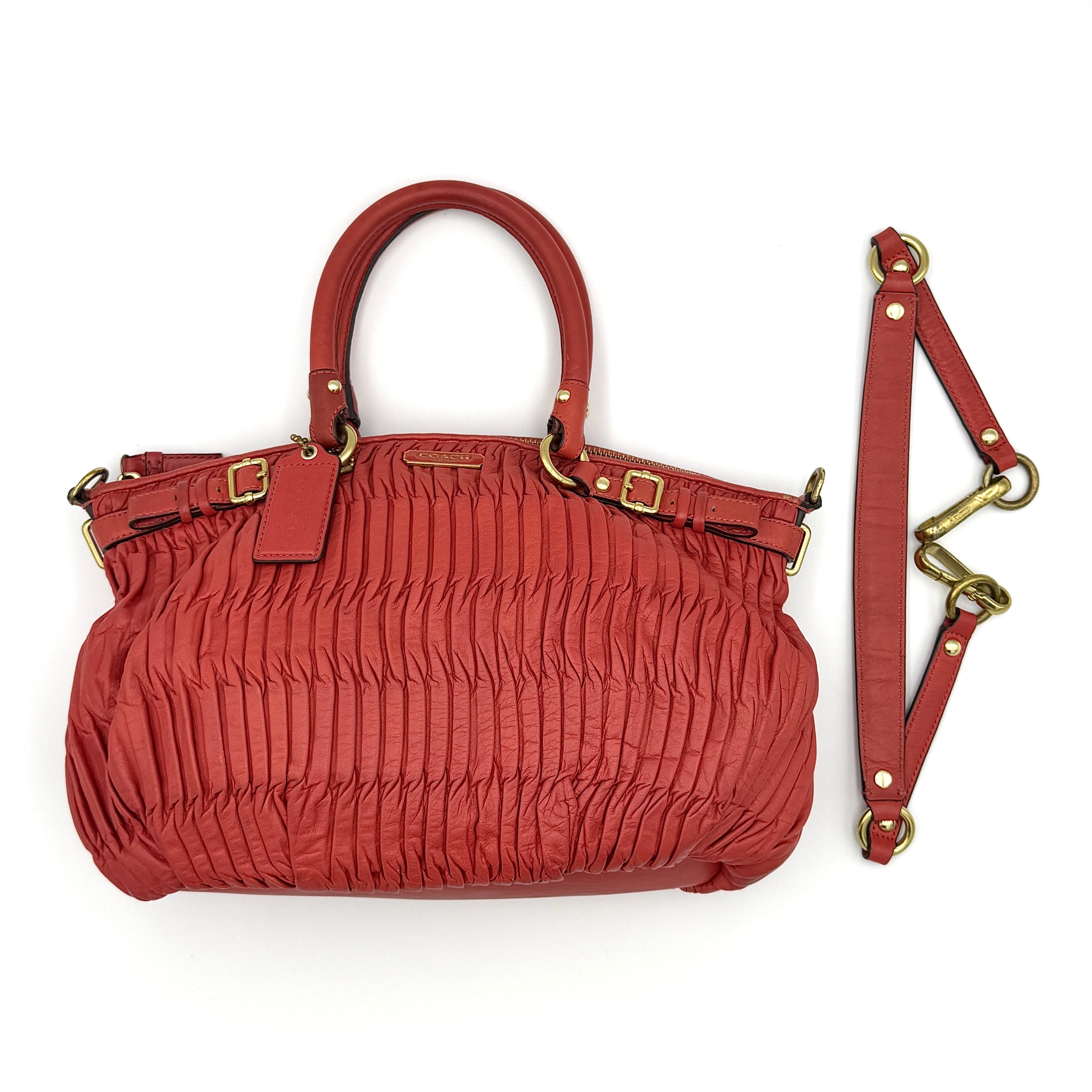Coach 2Way Signature Madison Shoulder Bag in ruched red leather with gold-tone hardware and detachable strap.