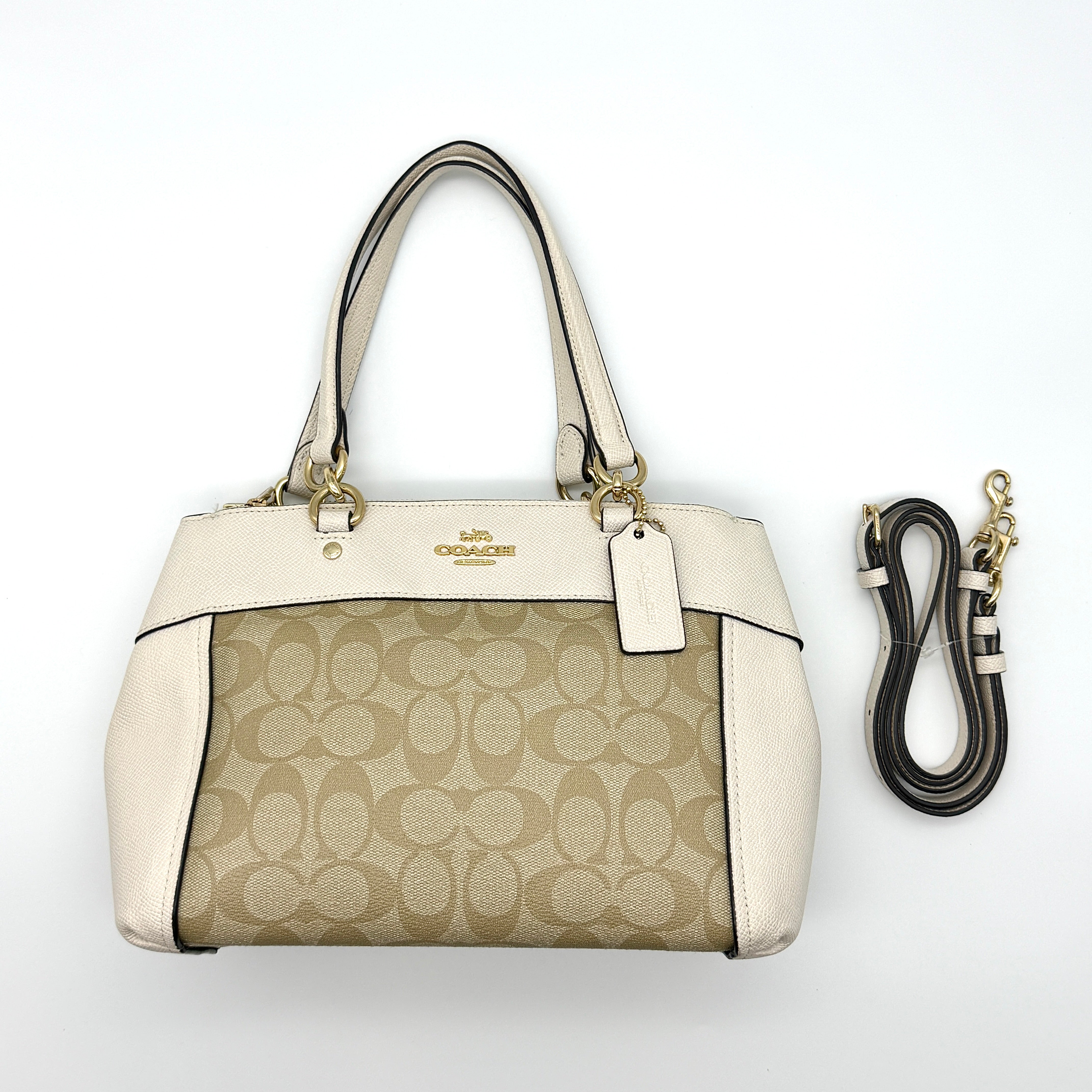 Coach 2Way Signature Mini Brooke Carryall Shoulder Bag in beige monogram canvas with white leather trim and gold-tone hardware