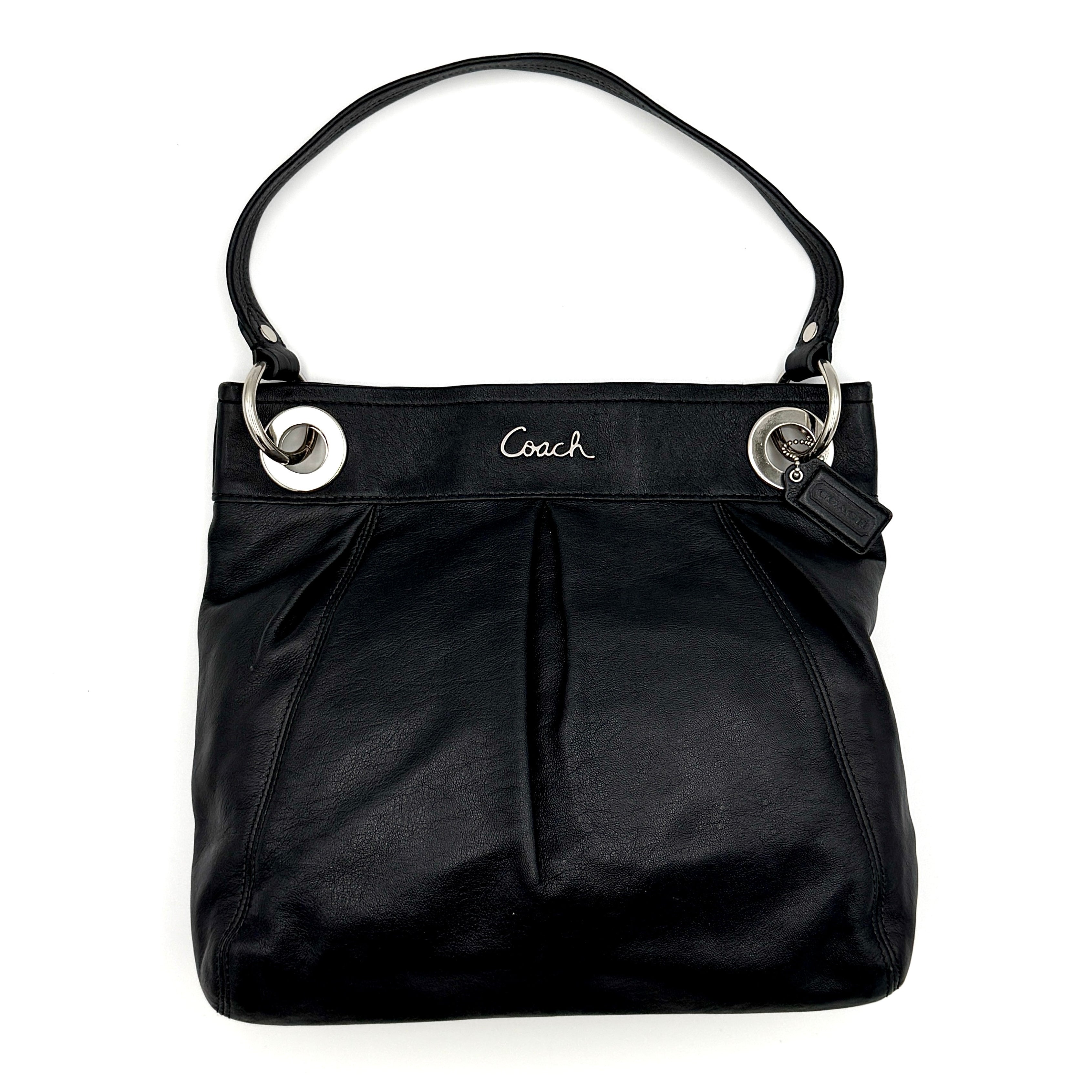 Coach Ashley Hippie Pleated Shoulder Bag in black leather with silver rings and purple interior
