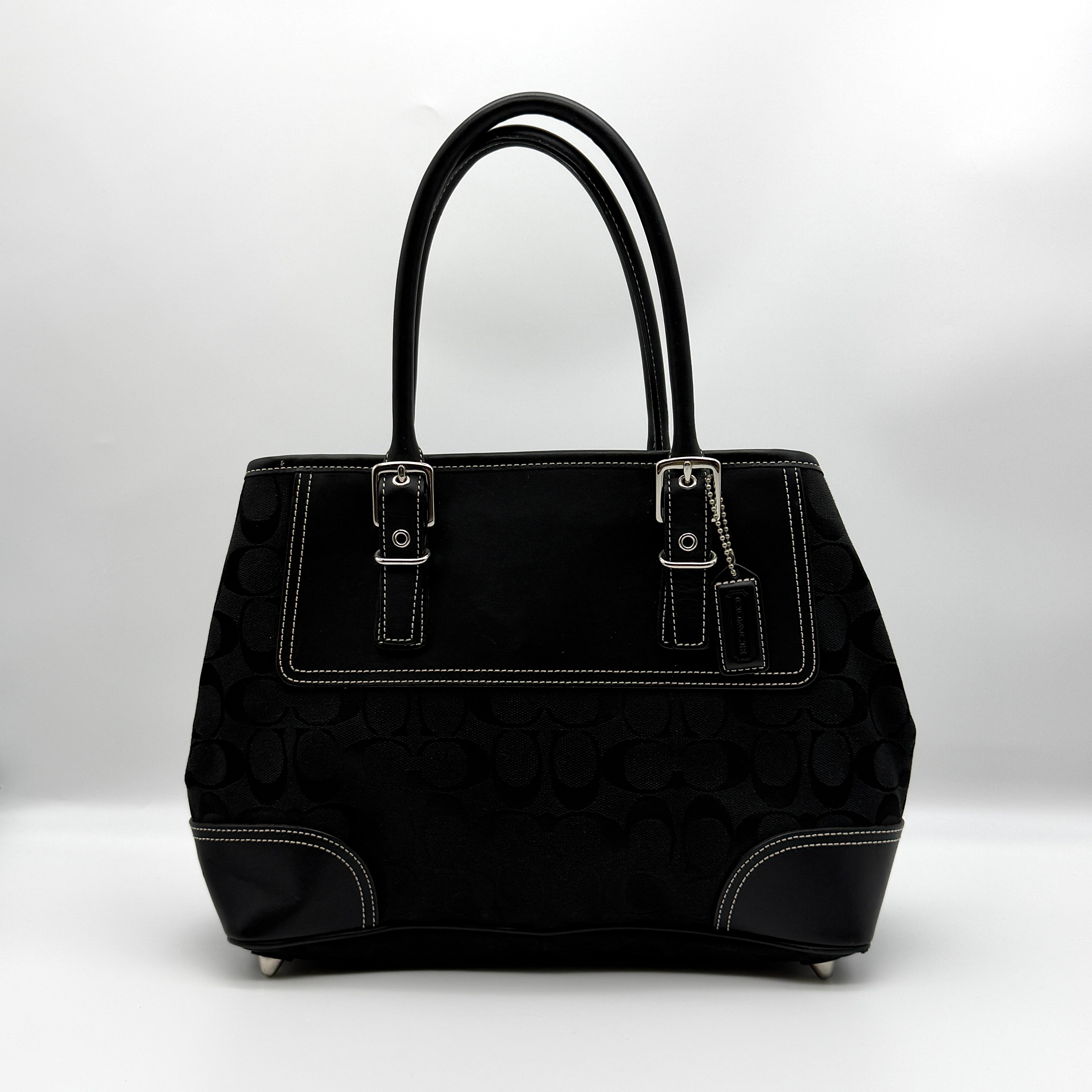 Coach Signature Hampton Carryall Shoulder Bag in black jacquard with silver-tone hardware and leather trim.