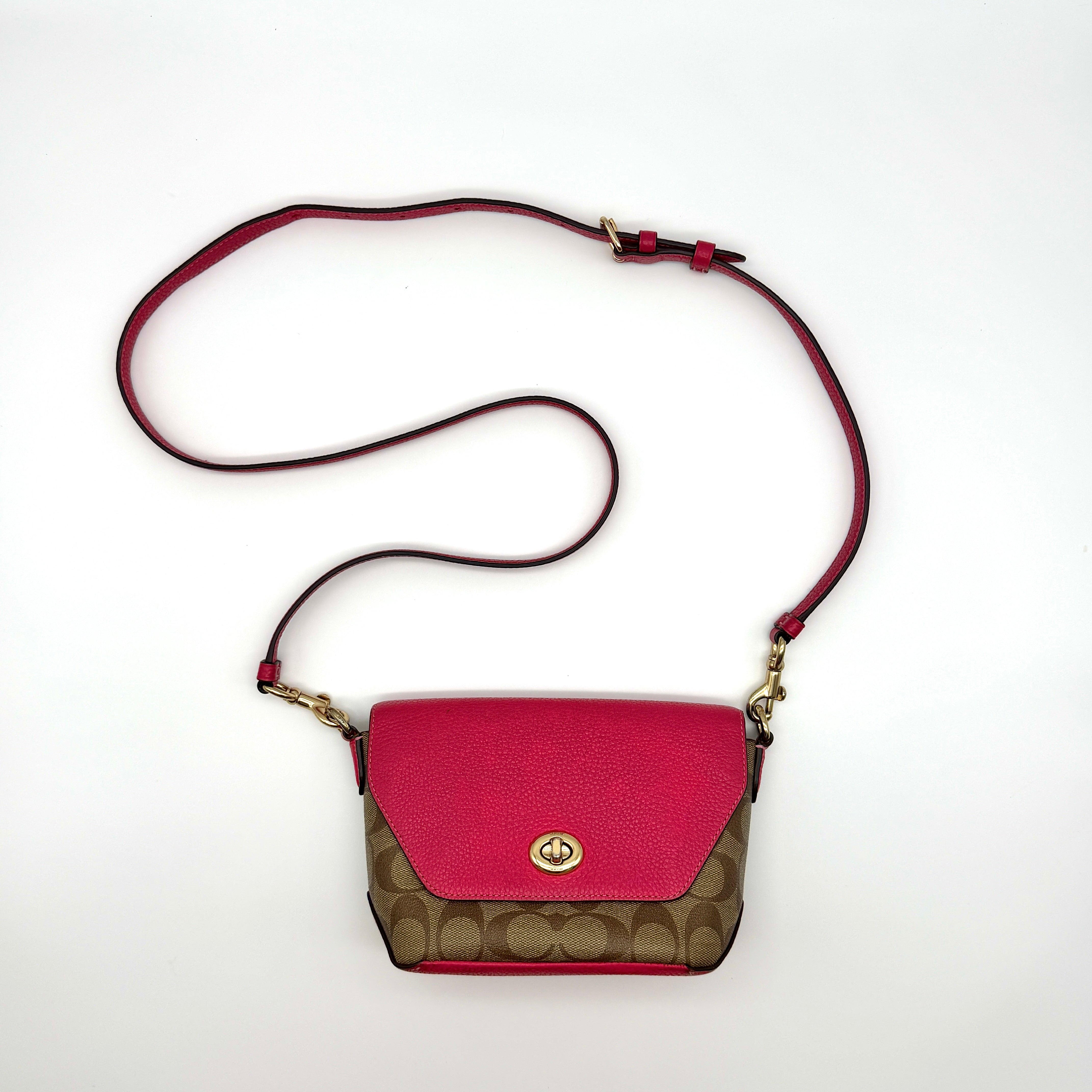 Coach Signature Karlee Crossbody Bag in pink and beige monogram canvas with gold-tone turn-lock and burgundy interior