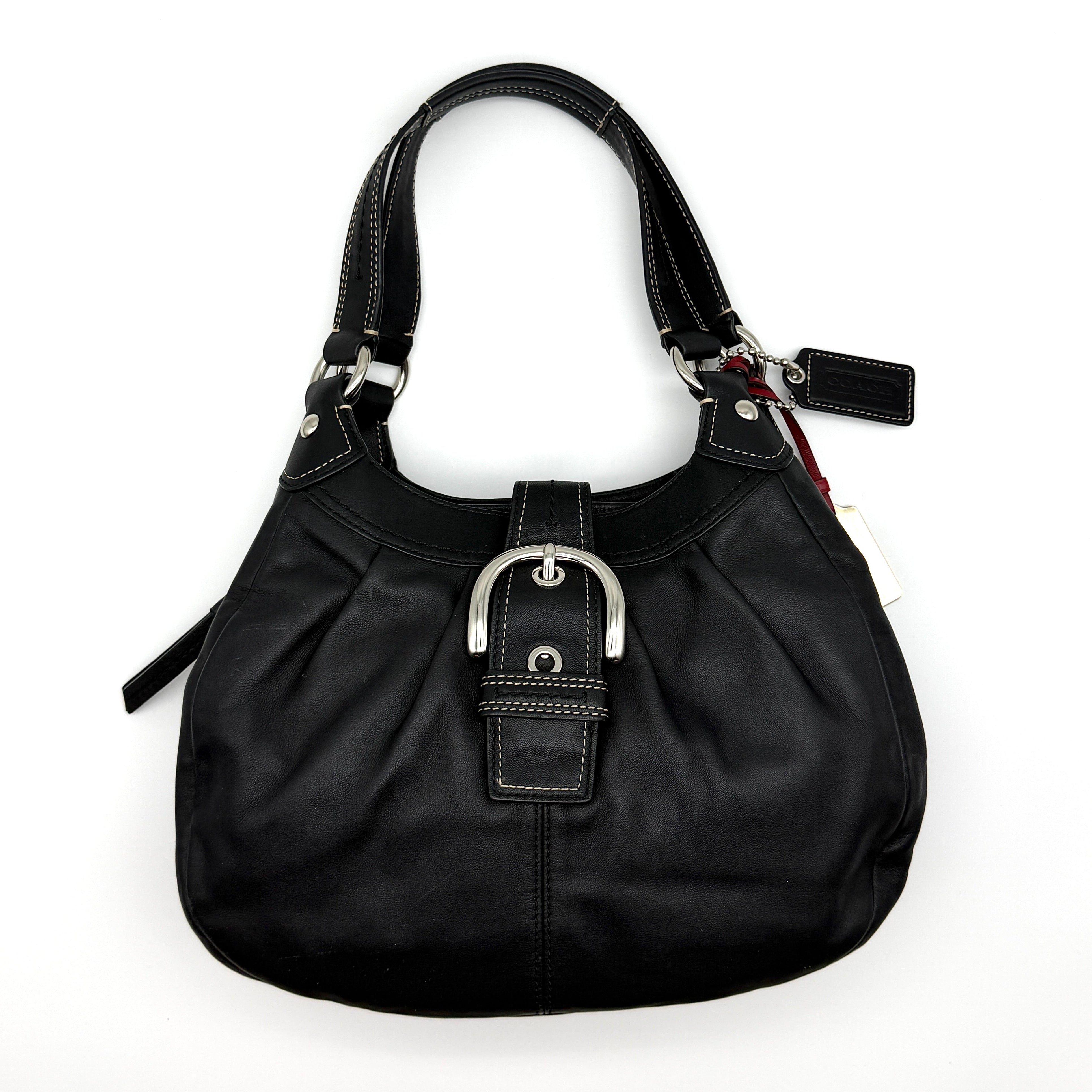 Coach Y2K Soho Lynn Hobo Shoulder Bag in black leather with silver-tone buckle and light blue interior lining