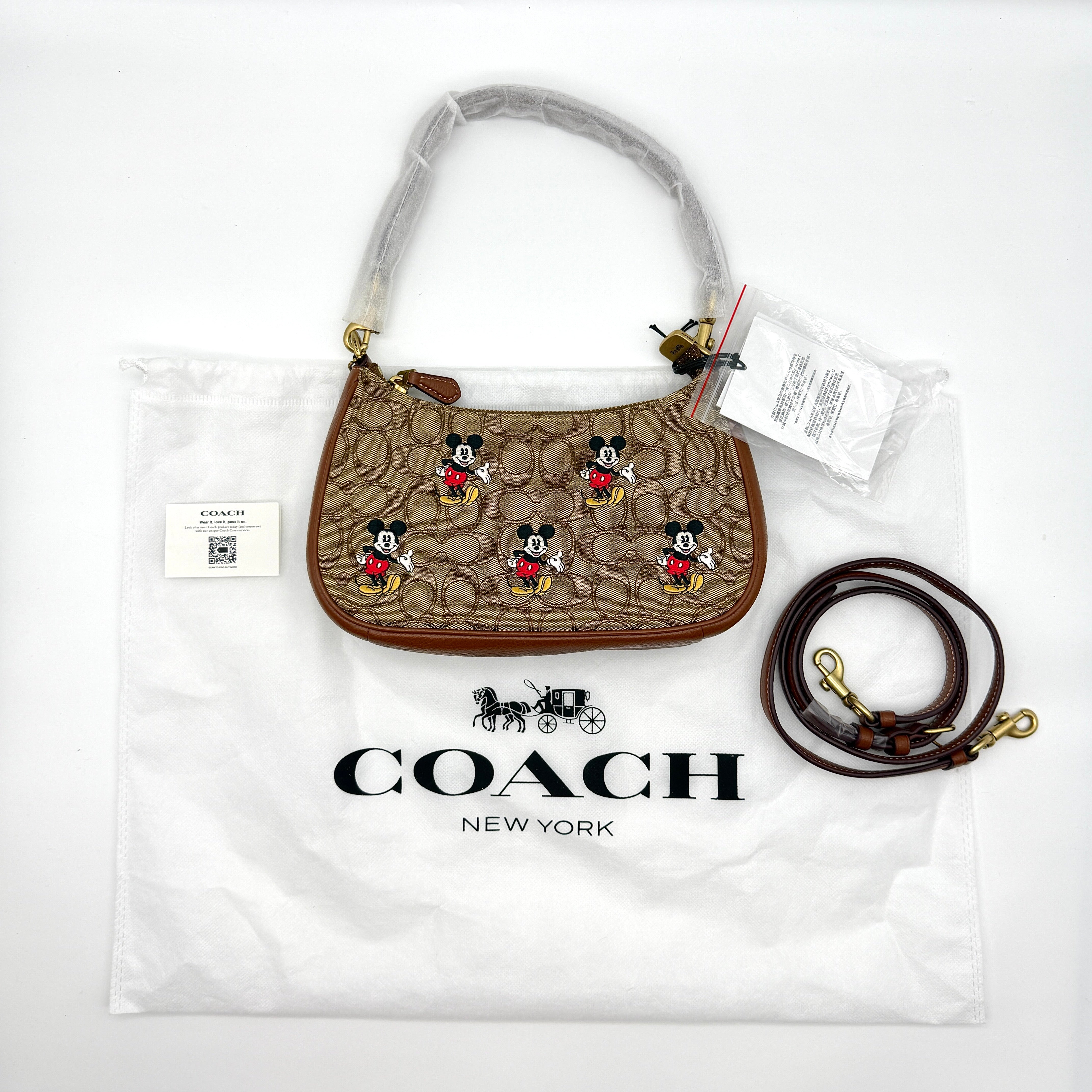 Disney x Coach 2Way Signature Teri Shoulder Bag in beige monogram canvas with Mickey Mouse embroidery and leather trim