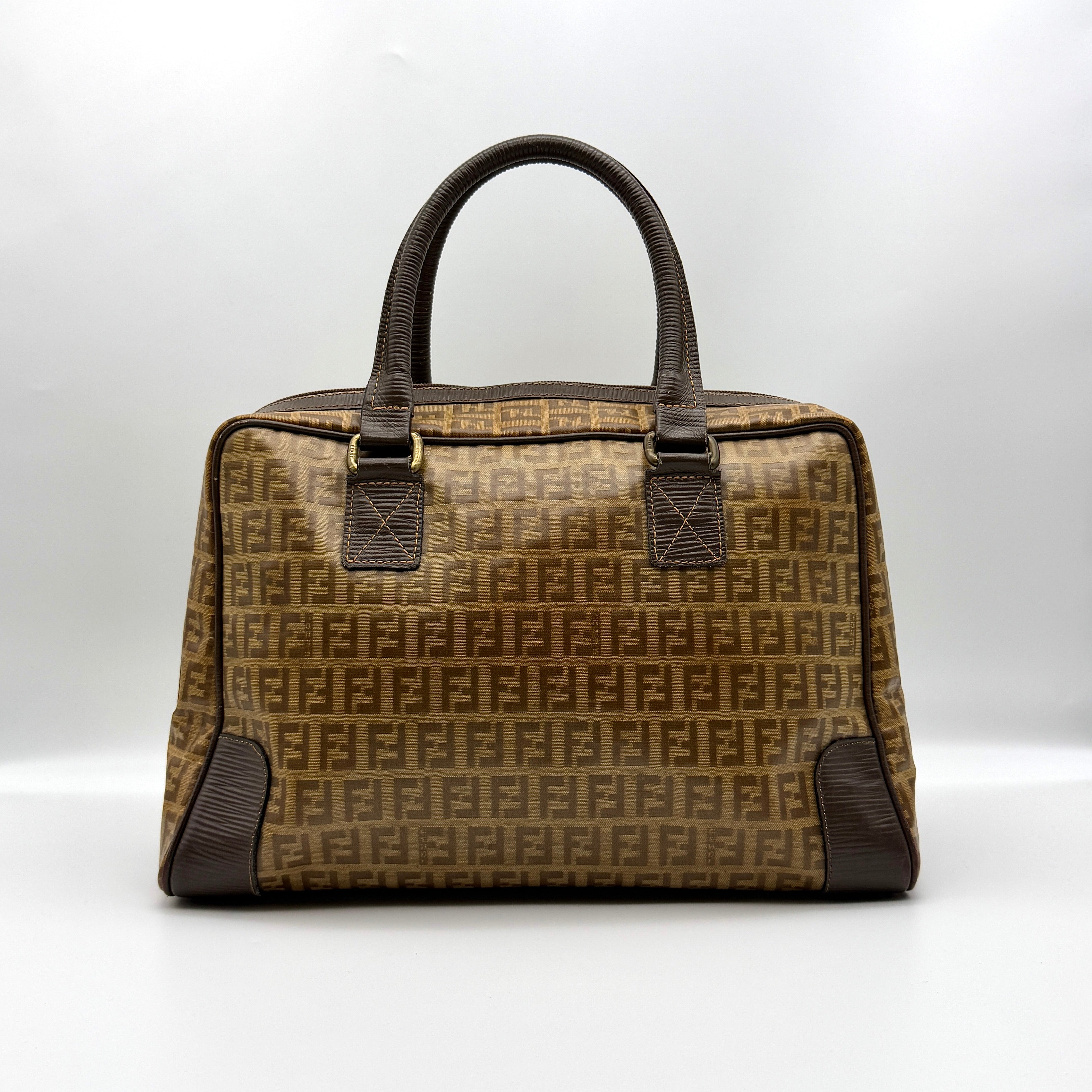 Fendi Zucchino FF Monogram Boston Handbag in brown coated canvas with leather trim and gold-tone hardware