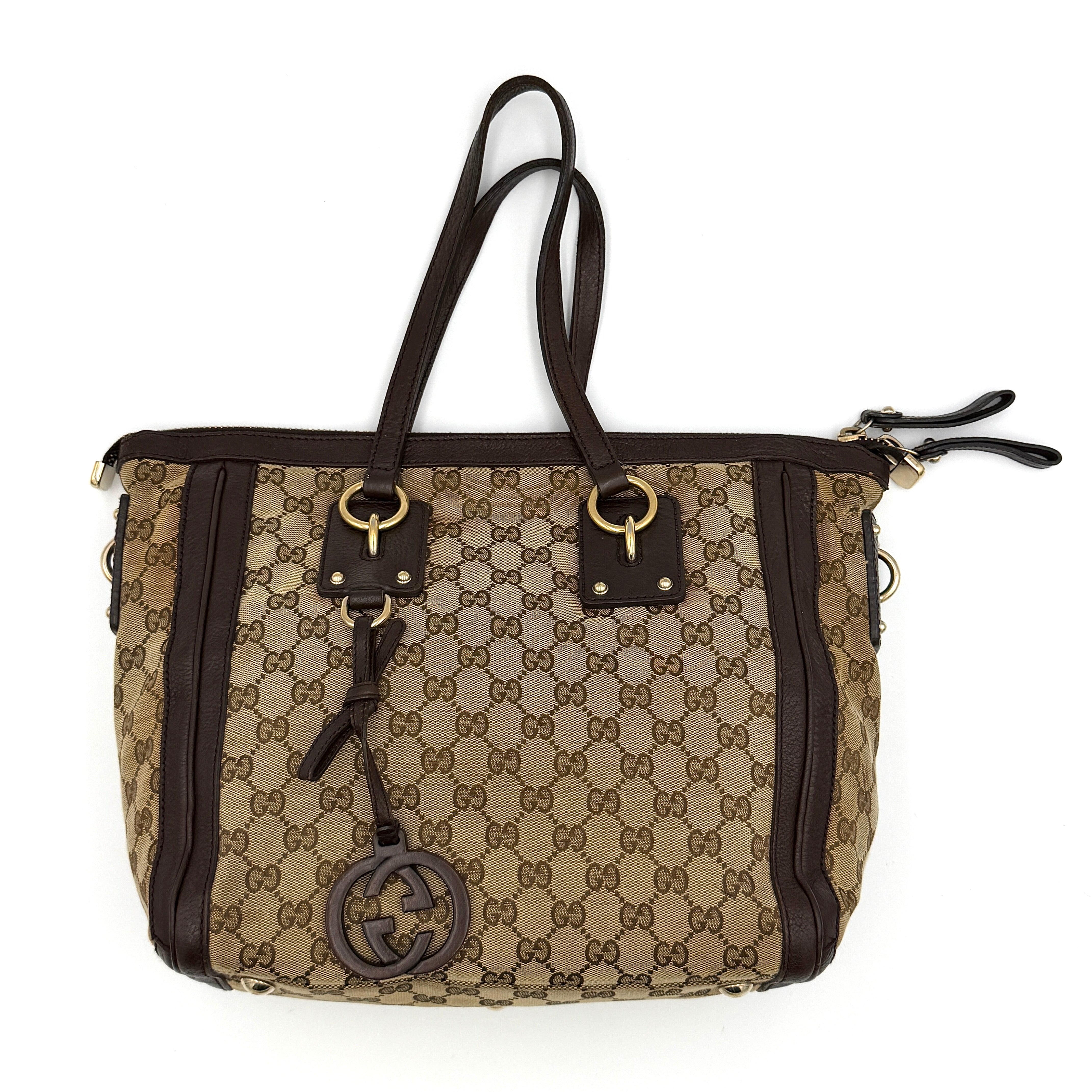 Gucci GG Monogram Charm Shoulder Bag in beige canvas with brown leather trim and gold-tone hardware