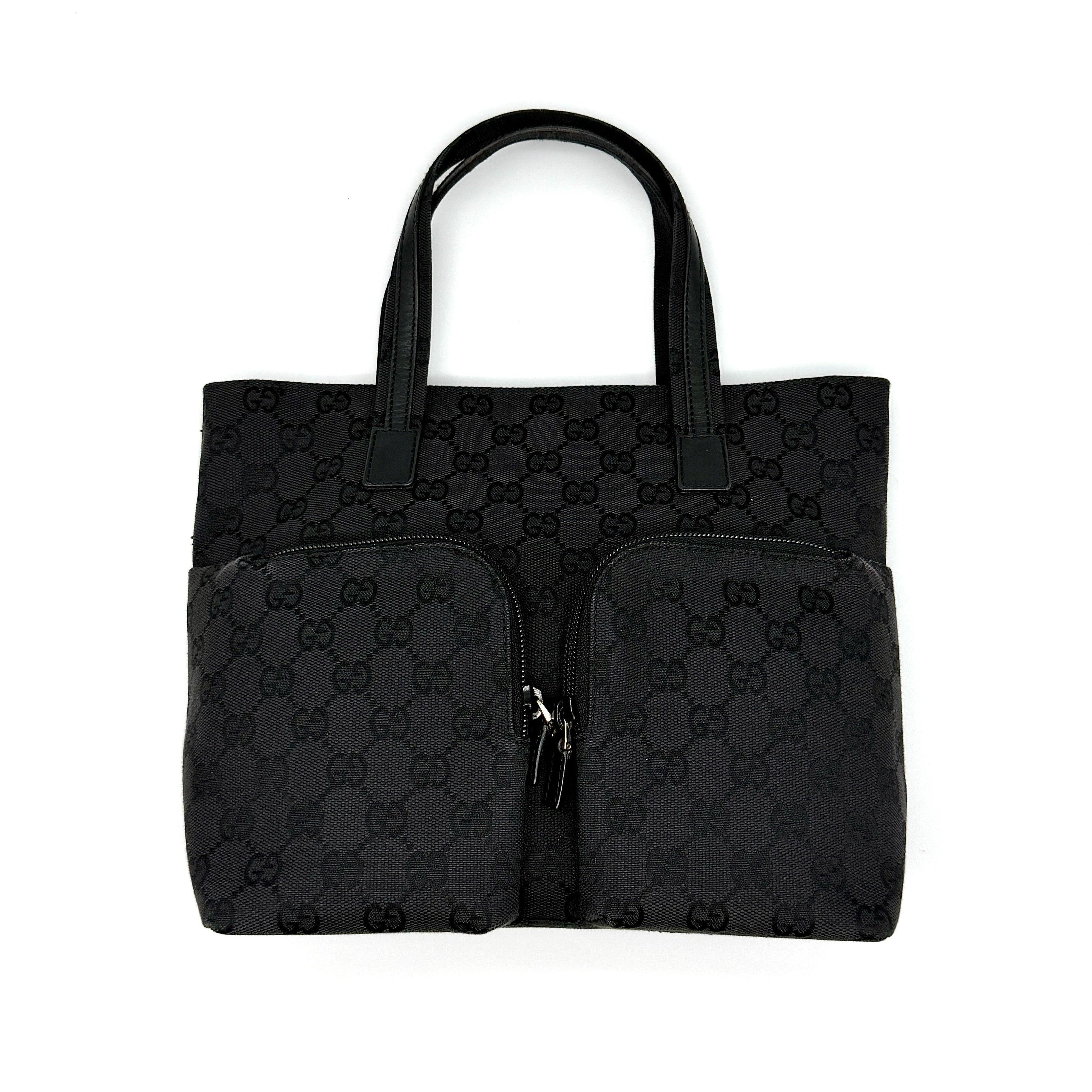 Gucci GG Monogram Double Pocket Tote Bag in black canvas with leather trim and dual zip compartments