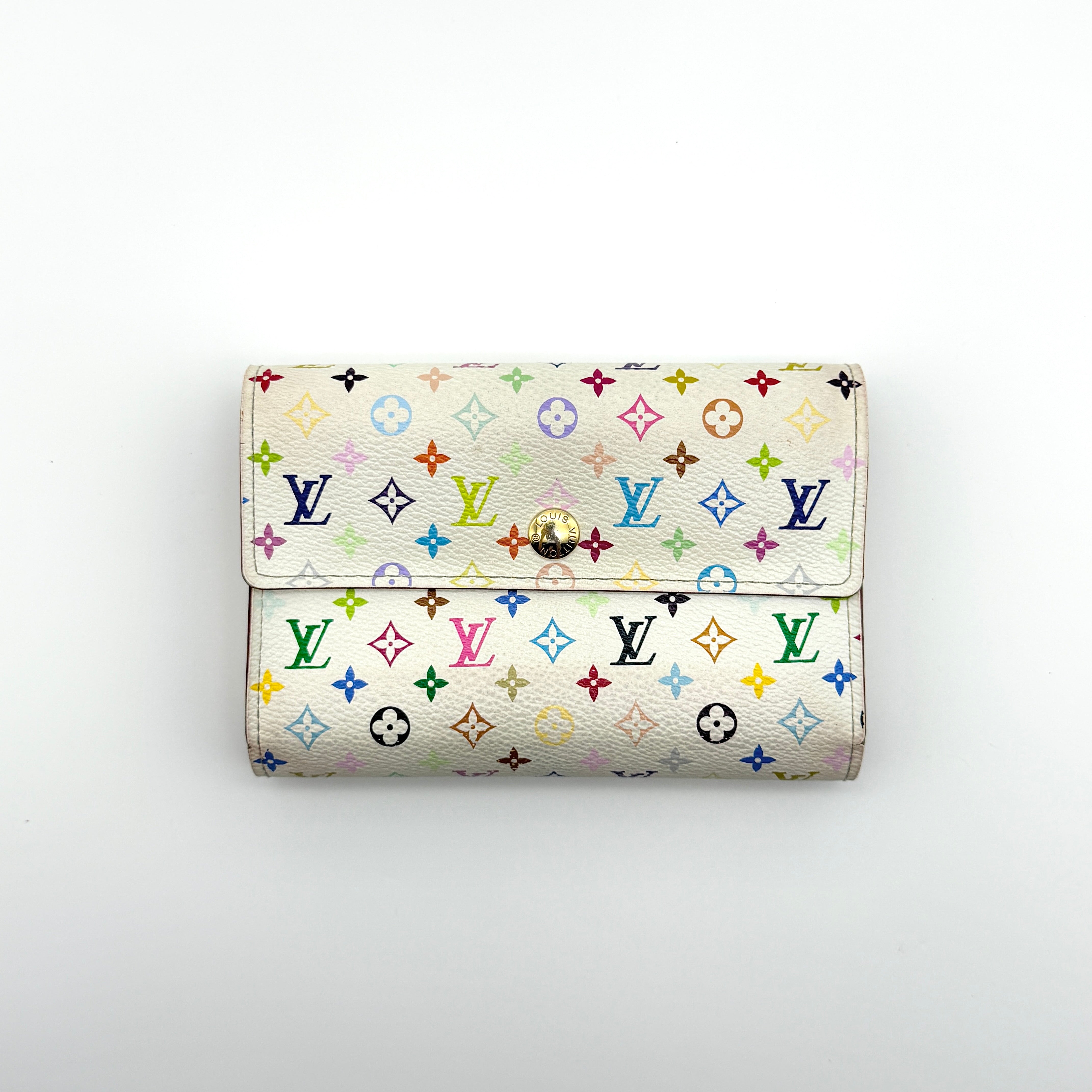 Preloved luxury Louis Vuitton Sarah wallet in white Murakami multicolor monogram canvas with gold-tone snap closure and leather interior.