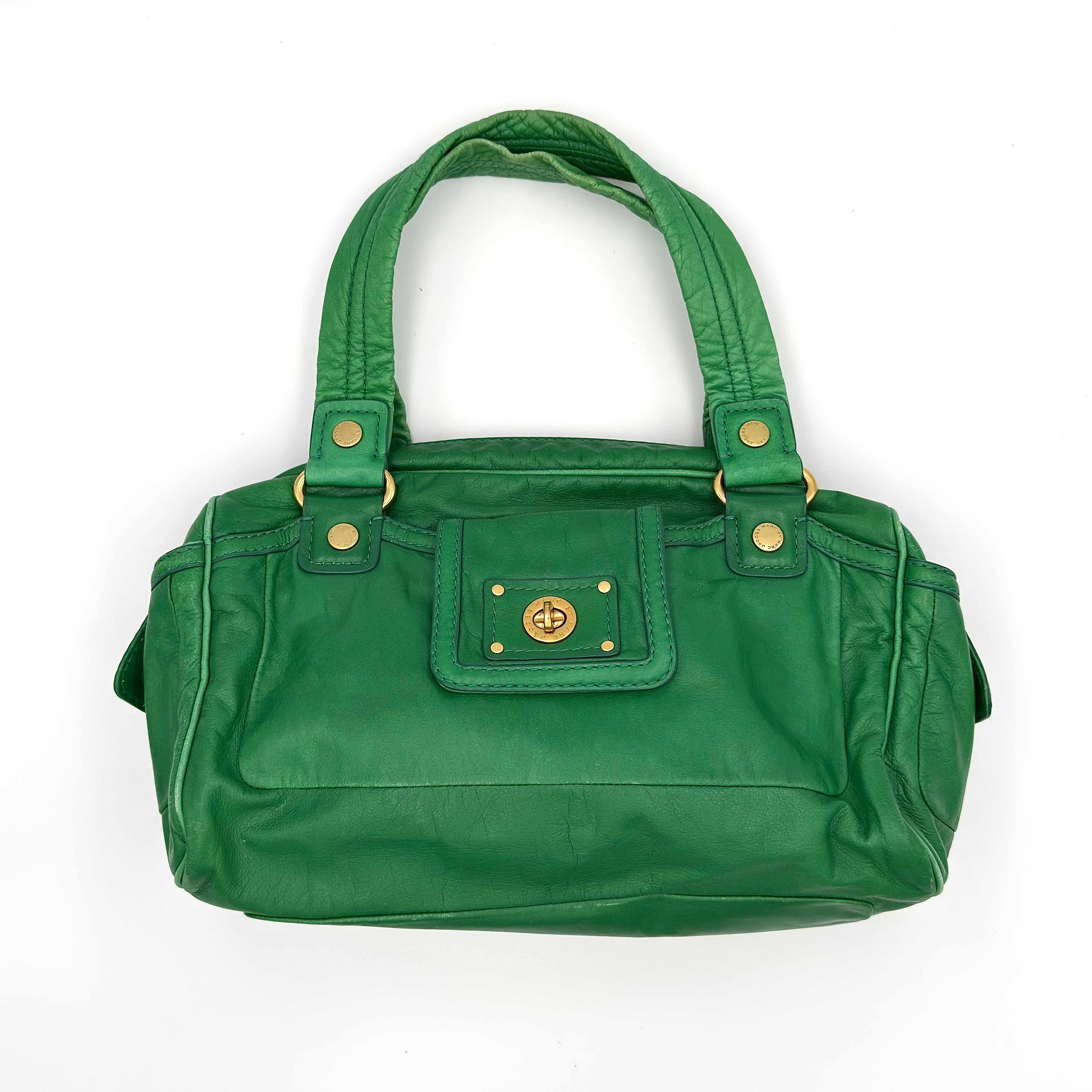 Marc Jacobs Turnlock Shoulder Bag in green leather with gold-tone hardware and logo interior lining