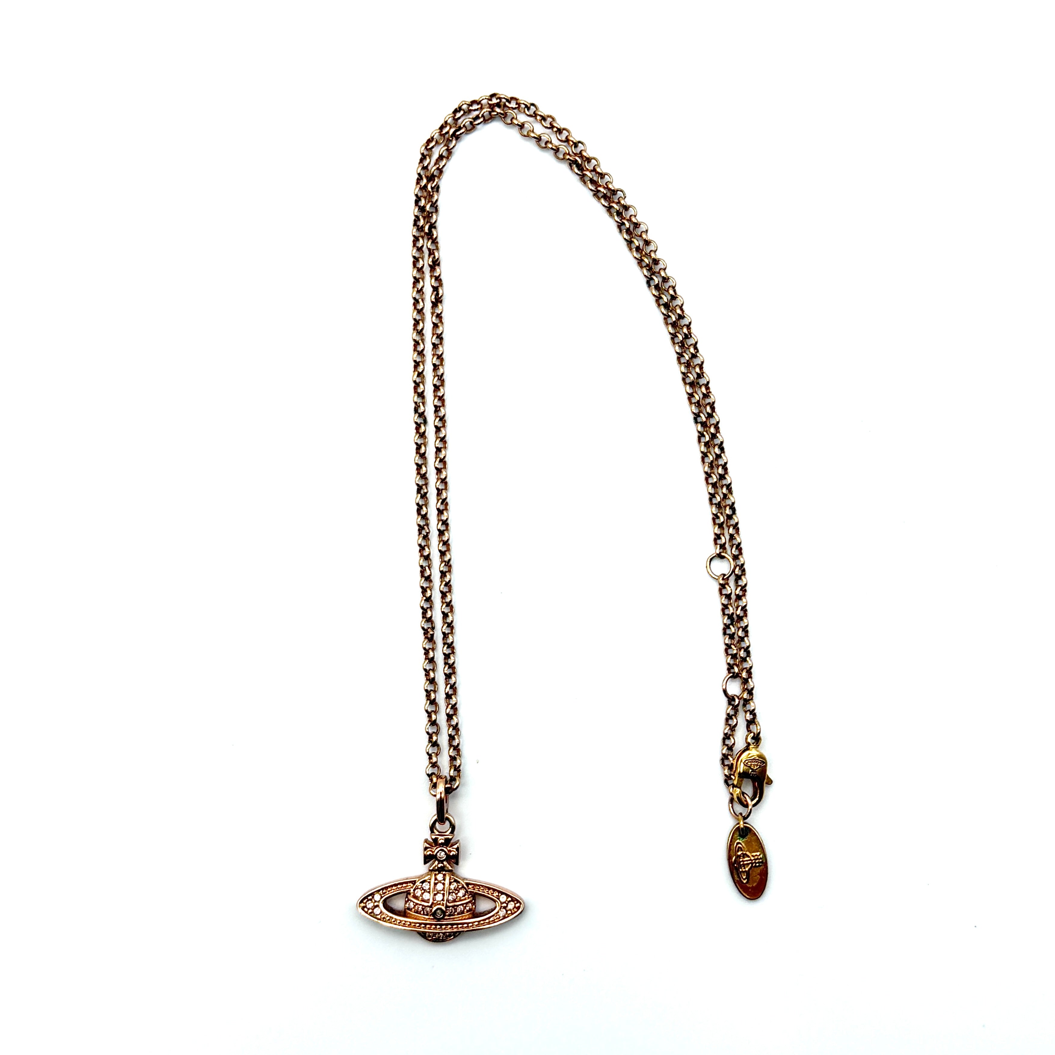 Vivienne Westwood Orb Necklace in rose gold-tone brass with crystal-embellished pendant and adjustable link chain