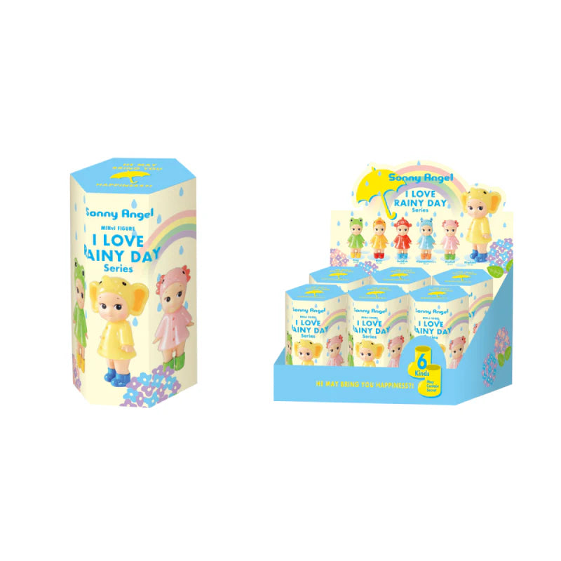 Sonny Angel I Love Rainy Day Series mini figures wearing colorful animal-themed raincoats and boots, displayed with flowers and soft background decor.