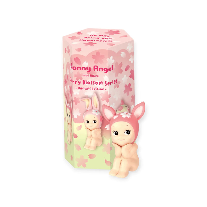 Sonny Angel Cherry Blossom Series figures displayed in front of sakura backdrop with bunny and bear designs.