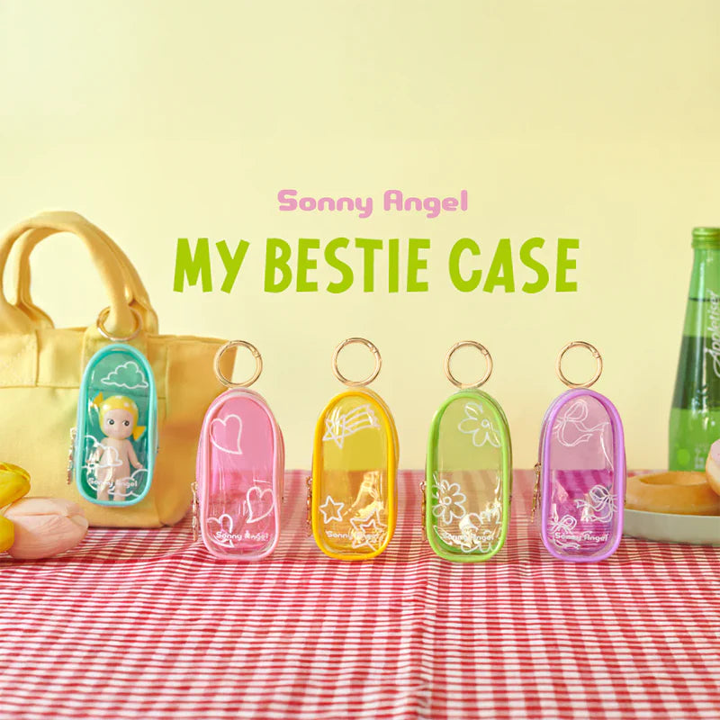 Sonny Angel My Bestie Case with unique motif, zippered transparent display pouch and gold keyring for single figure storage.