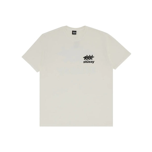 Stussy Surfwalk Tee Natural (SS24), beige cotton T-shirt with black triple surfer graphic on back and left chest.
