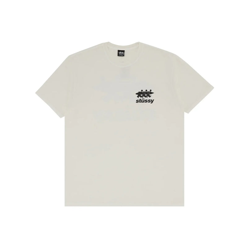 Stussy Surfwalk Tee Natural (SS24), beige cotton T-shirt with black triple surfer graphic on back and left chest.