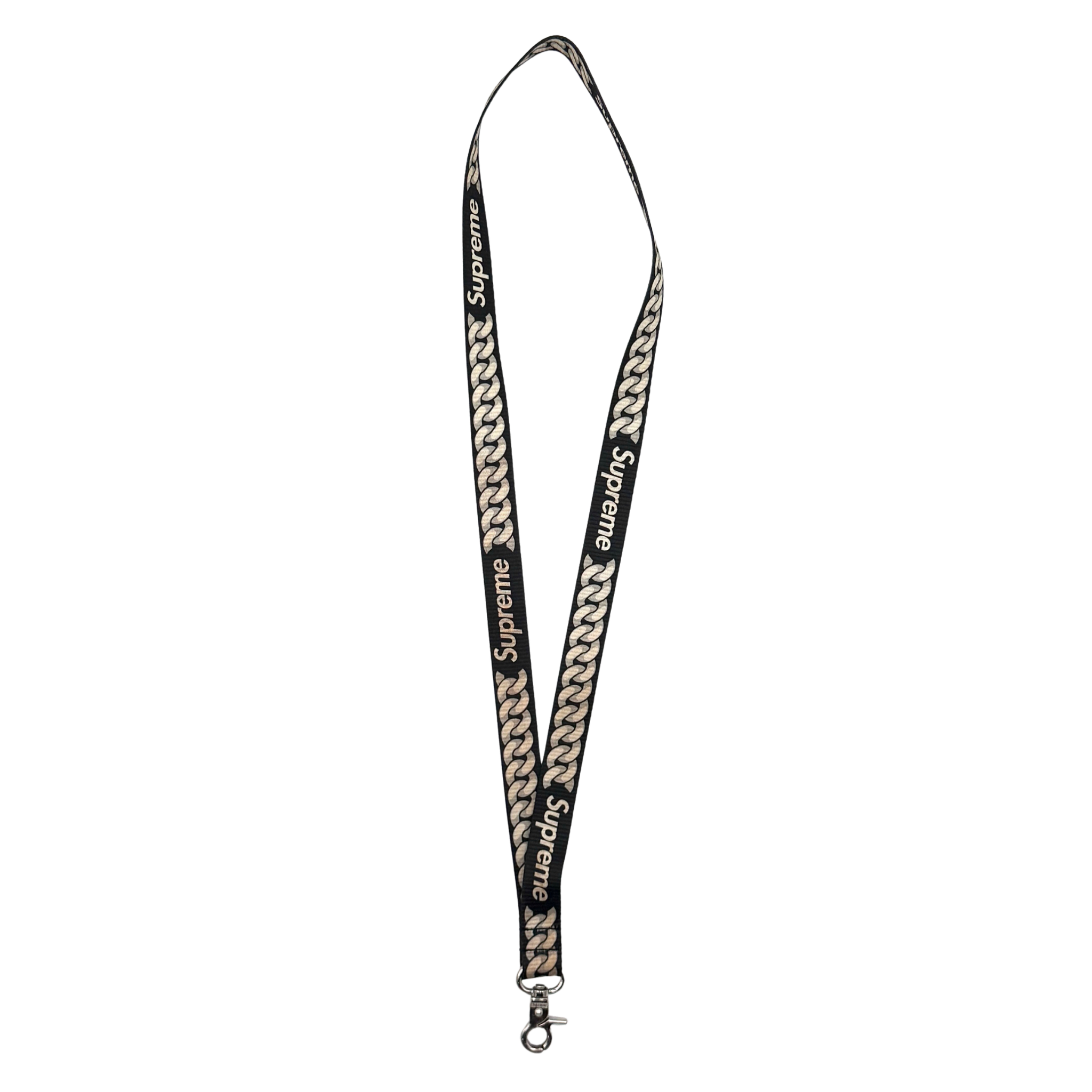 Supreme Cuban Links Lanyard featuring a black design with prominent branding and sleek link detail