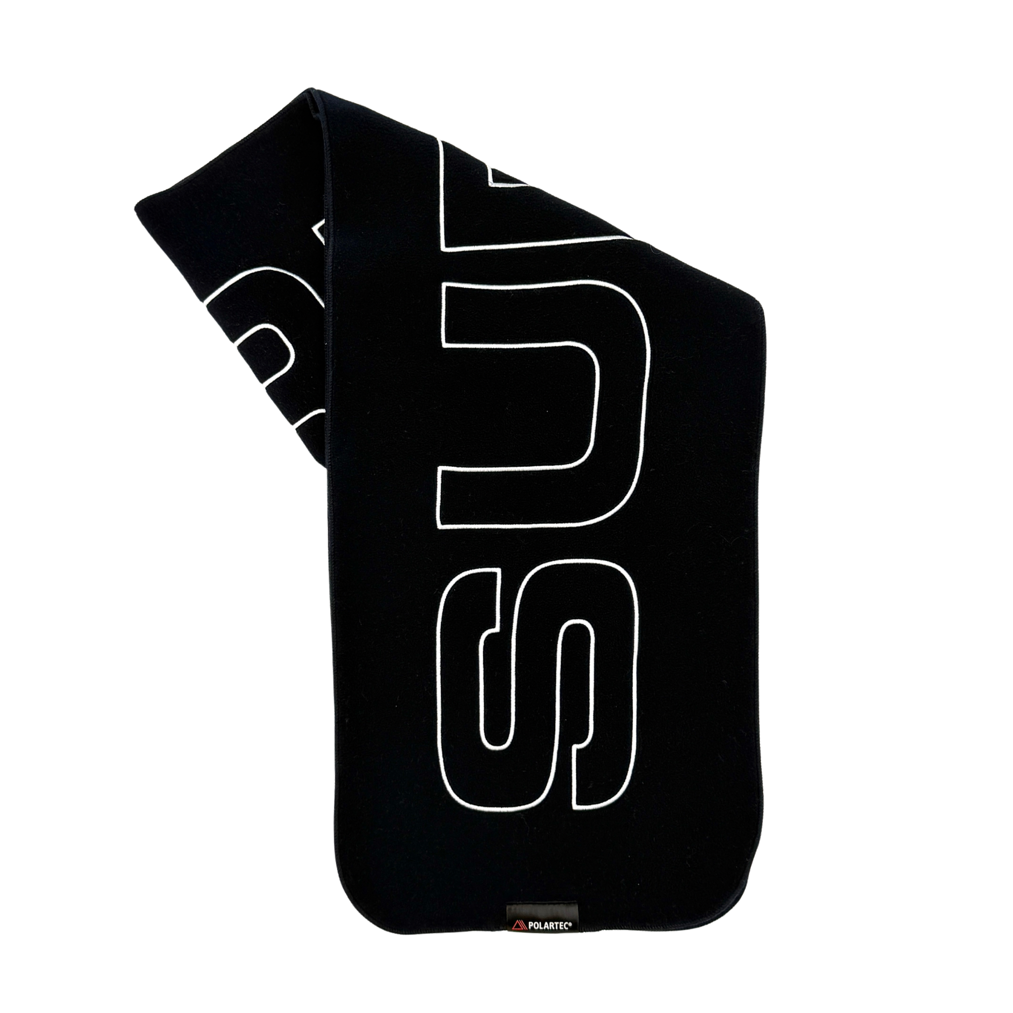 Supreme Polartec Logo Scarf in black featuring an oversized logo pattern and premium black finish