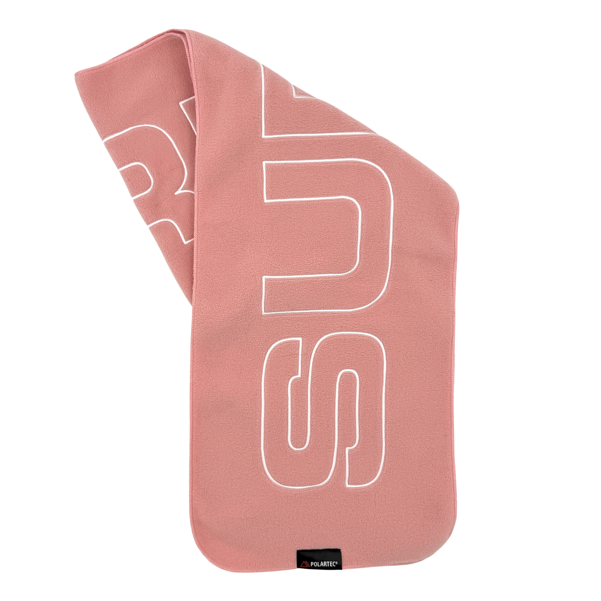 Supreme pink Polartec logo scarf featuring bold white branding and plush texture.