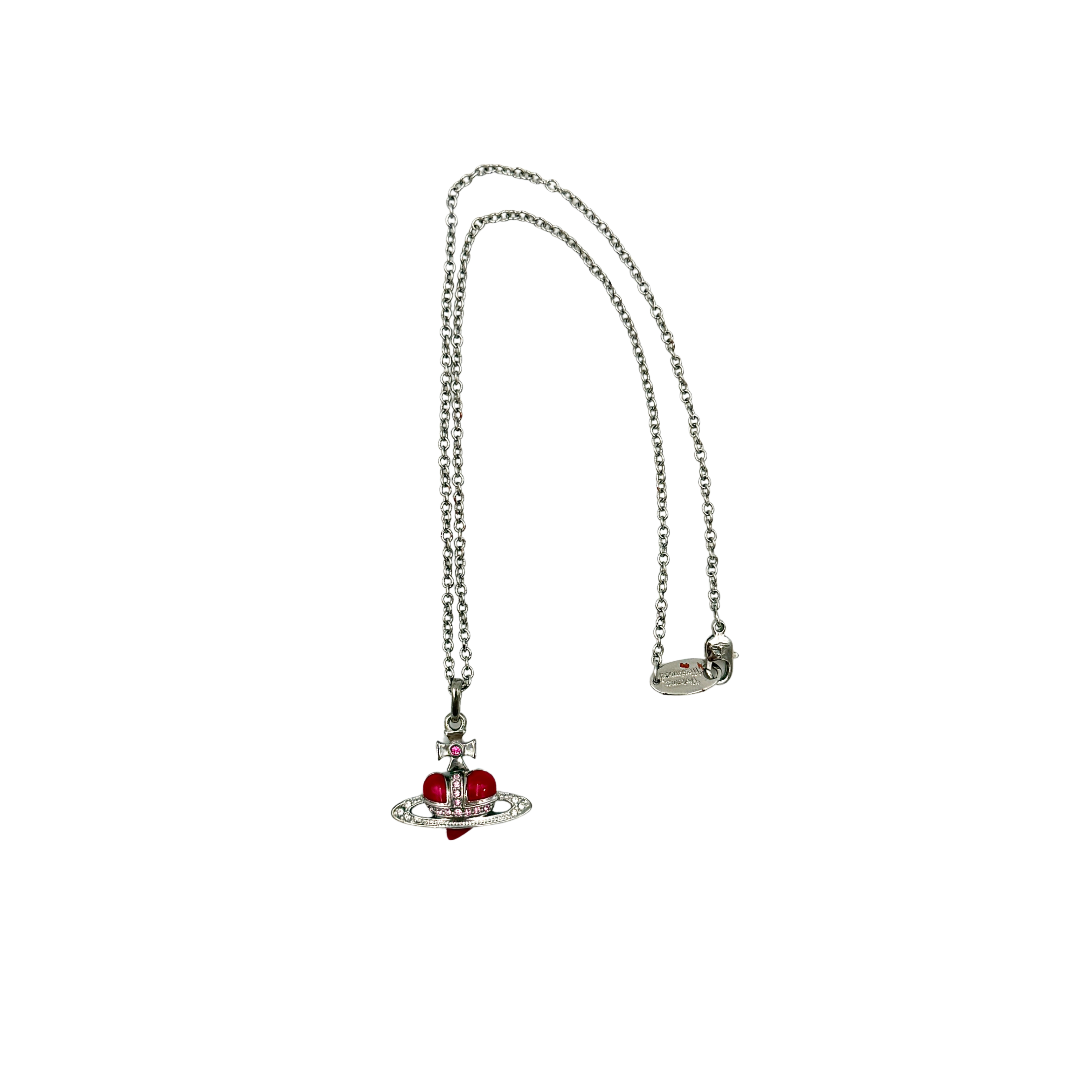 Vivienne Westwood Heart Orb Necklace in silver featuring the iconic orb pendant with red heart centre and crystal detailing on a delicate chain.
