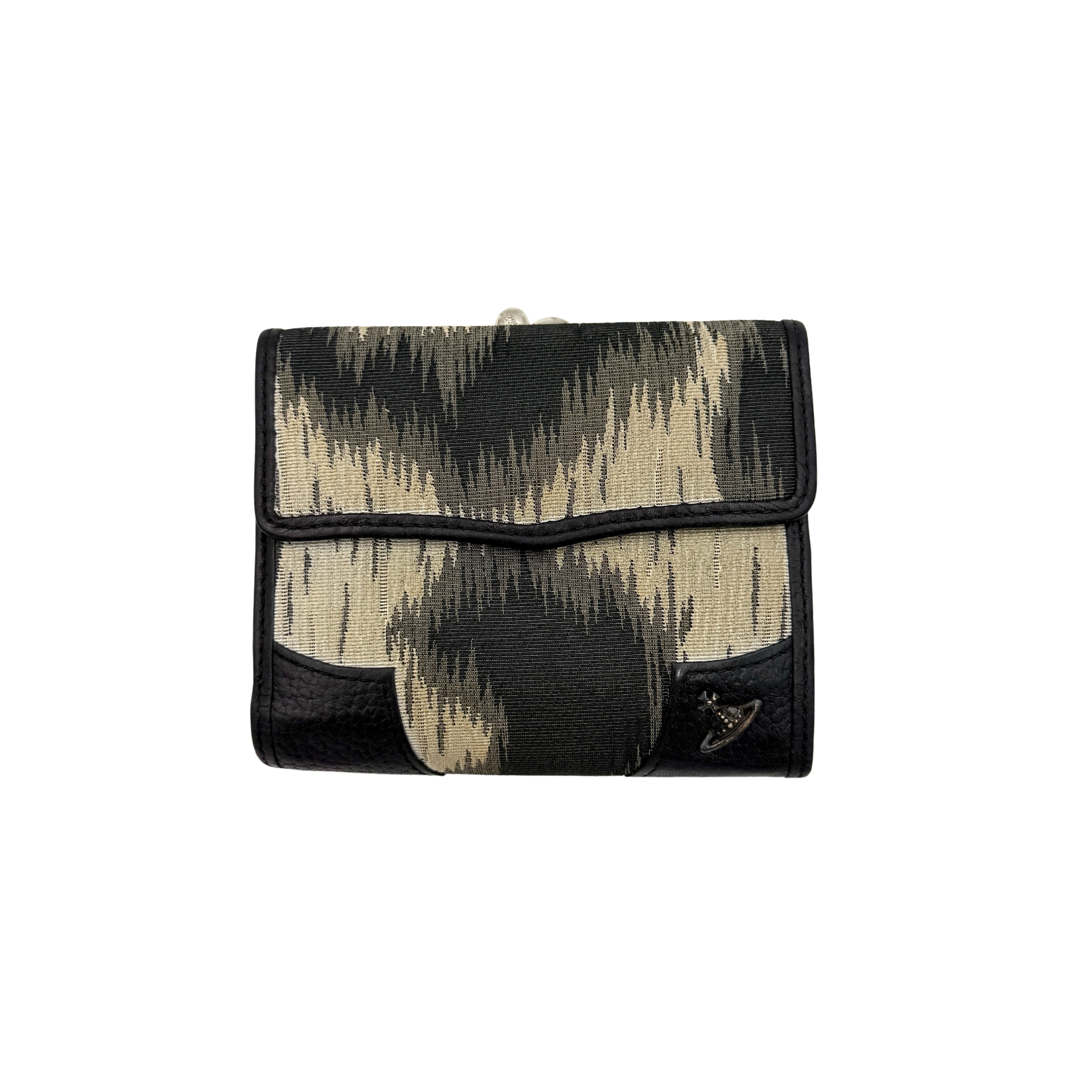 Vivienne Westwood leopard print wallet in black and beige with flap-front design, shown with interior card slots and branded detail.