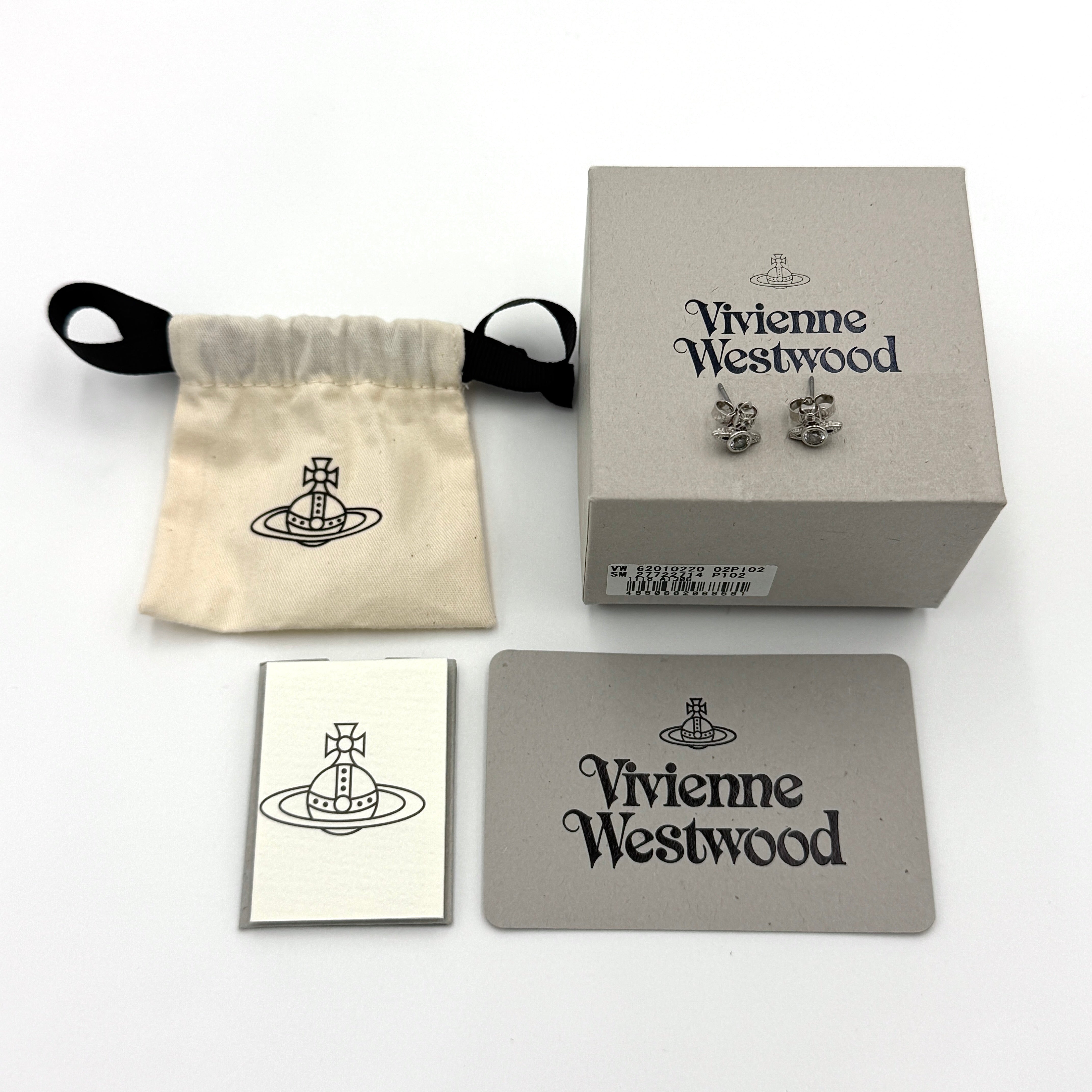 Vivienne Westwood London Orb Crystal Stud Earrings with crystal embellishments, displayed with branded box and pouch.