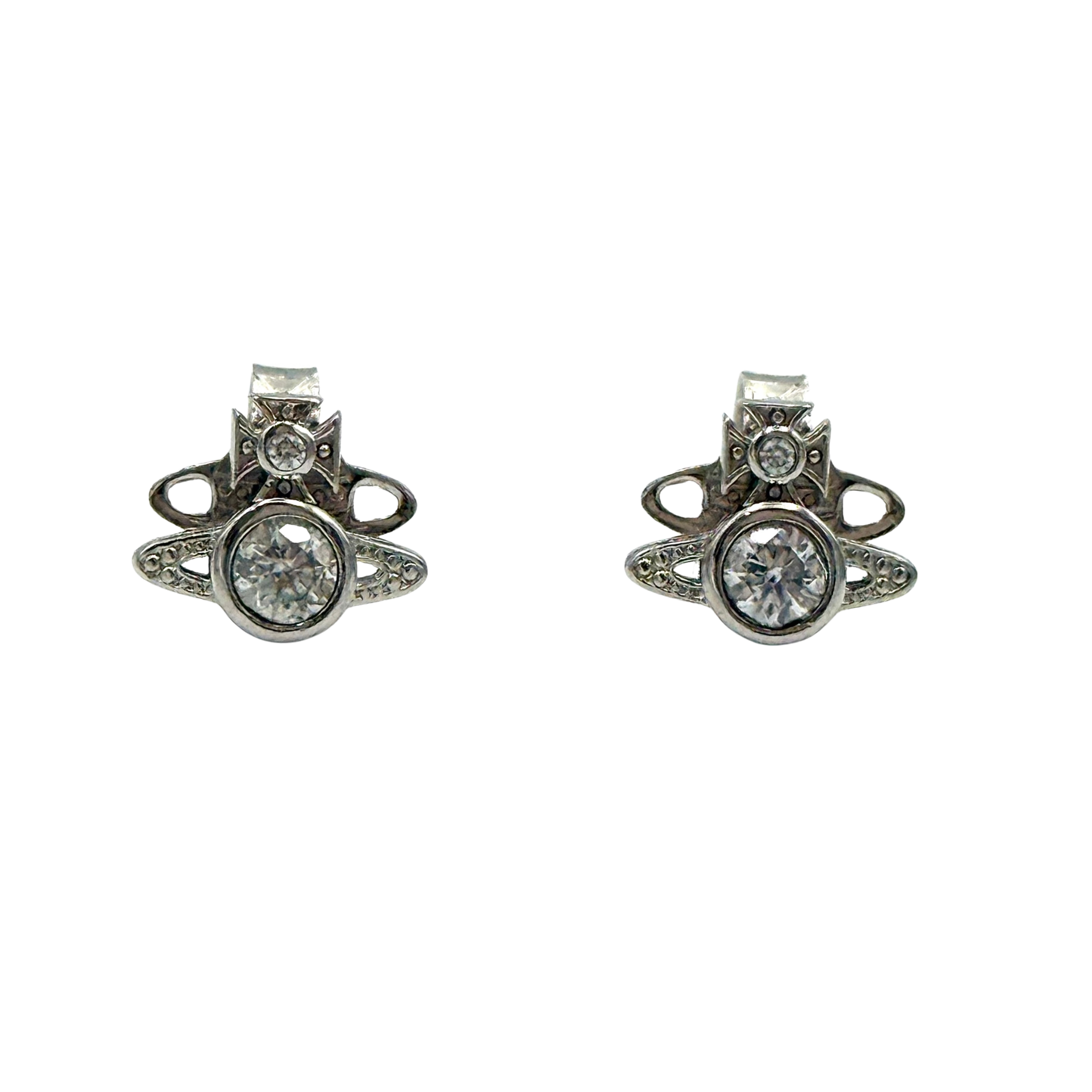 Vivienne Westwood earrings with iconic orb design and crystal detailing, displayed with branded packaging and pouch.