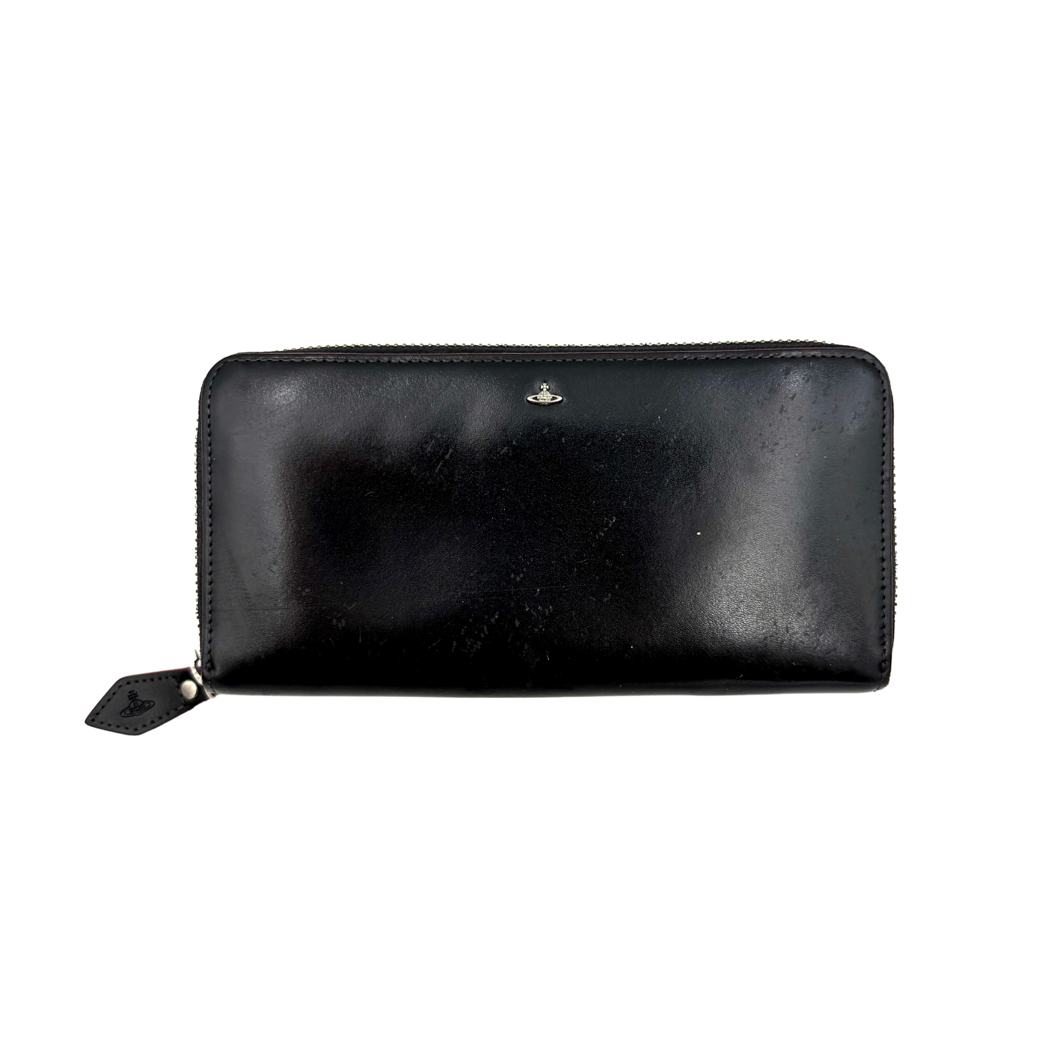 Vivienne Westwood Mini Orb long wallet in black leather featuring a silver-tone Orb emblem, zip-around closure, and red interior with multiple compartments.