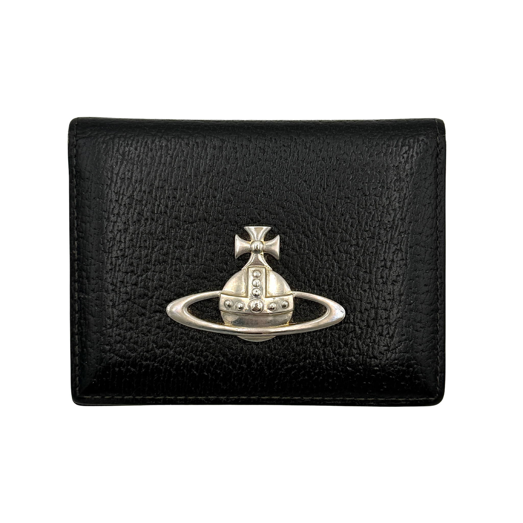 Vivienne Westwood orb flap cardholder in black leather featuring a silver-tone orb emblem and compact flap design with card compartments inside.