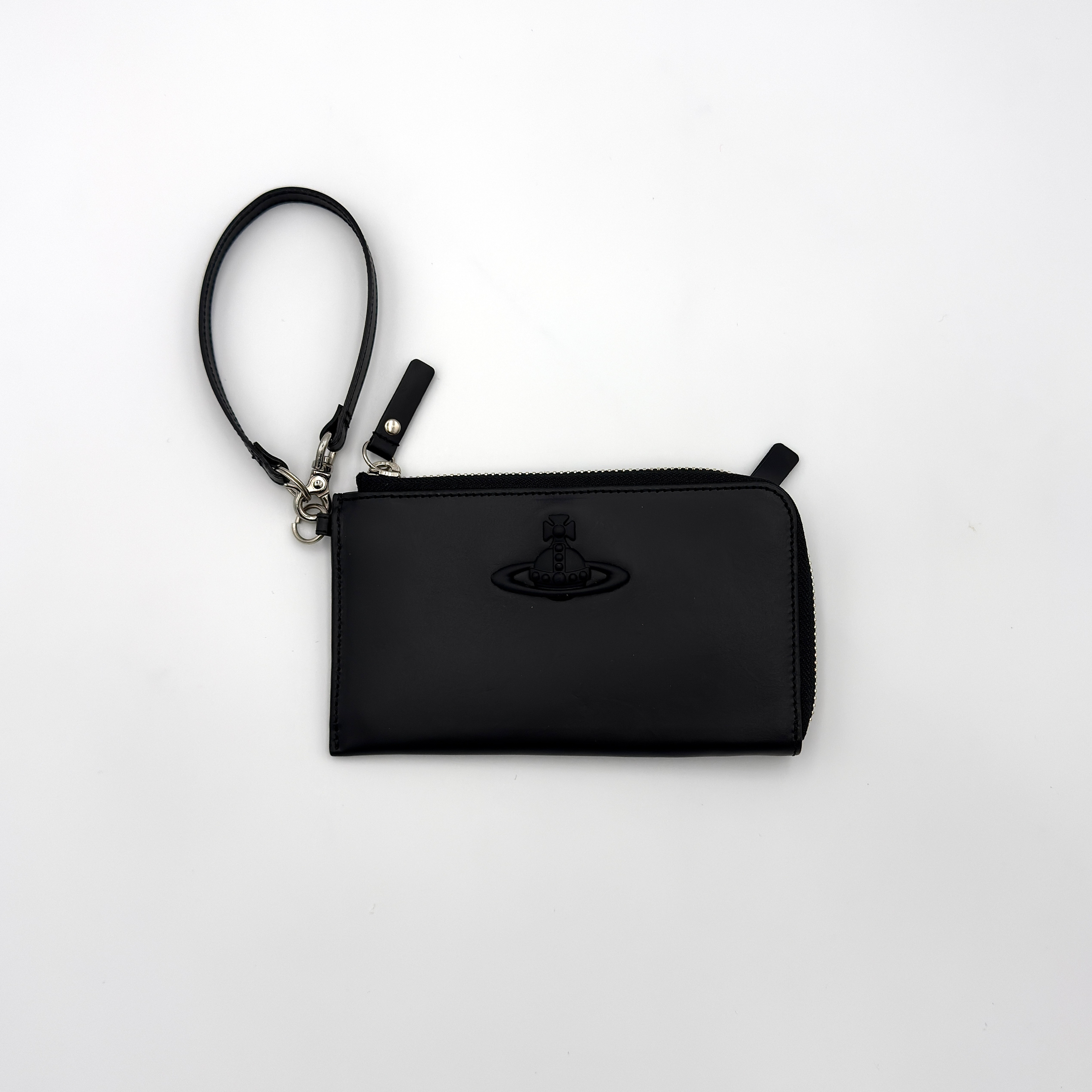 Vivienne Westwood black leather wristlet wallet with tonal embossed Orb logo and silver-tone hardware.