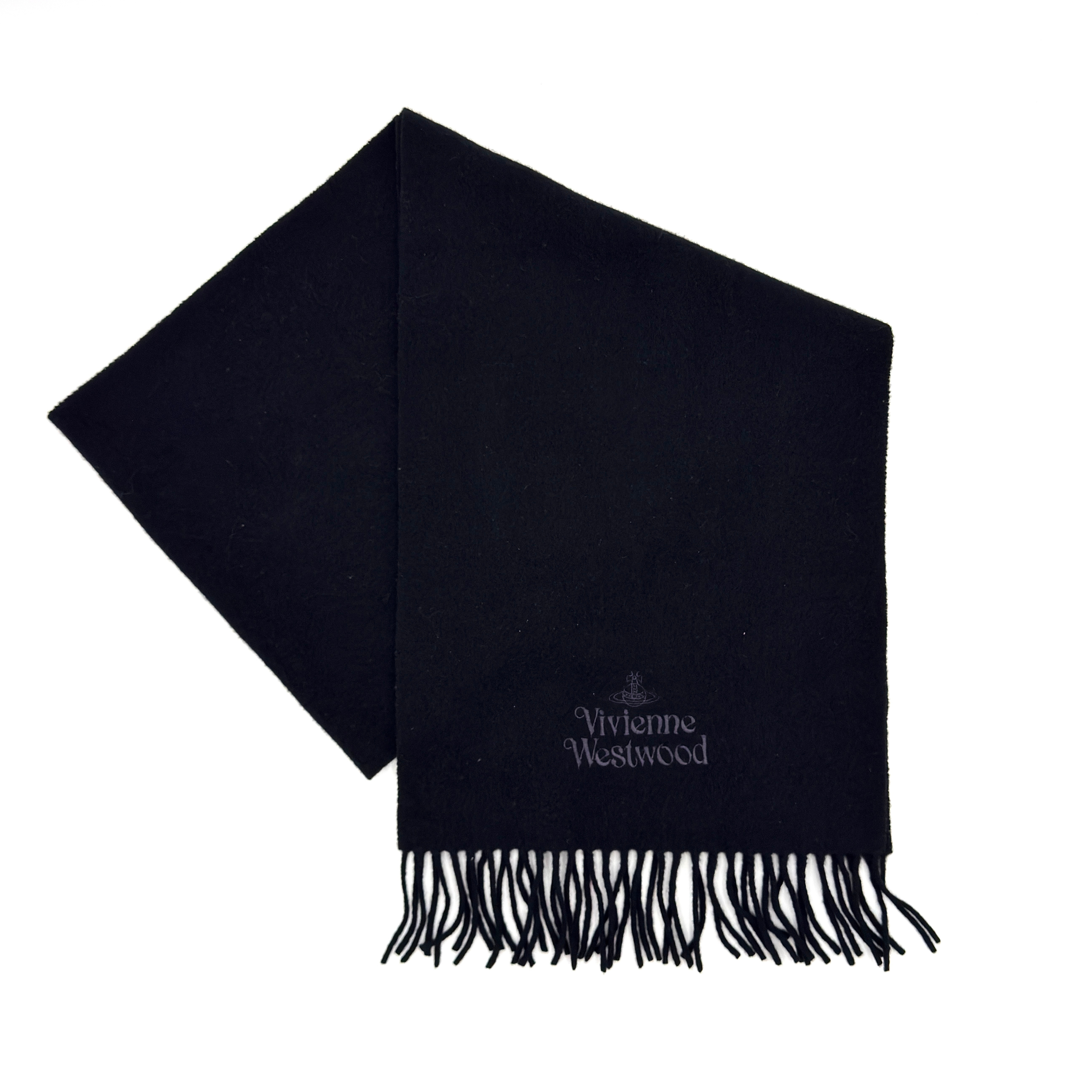 Vivienne Westwood Wool Scarf in black with embroidered logo and fringed ends.