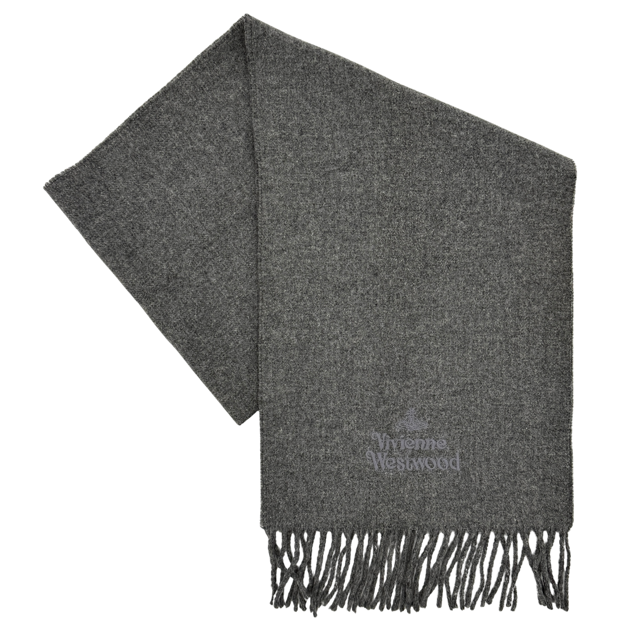 Vivienne Westwood wool scarf in grey featuring subtle logo detailing and fringe ends, shown with brand label.