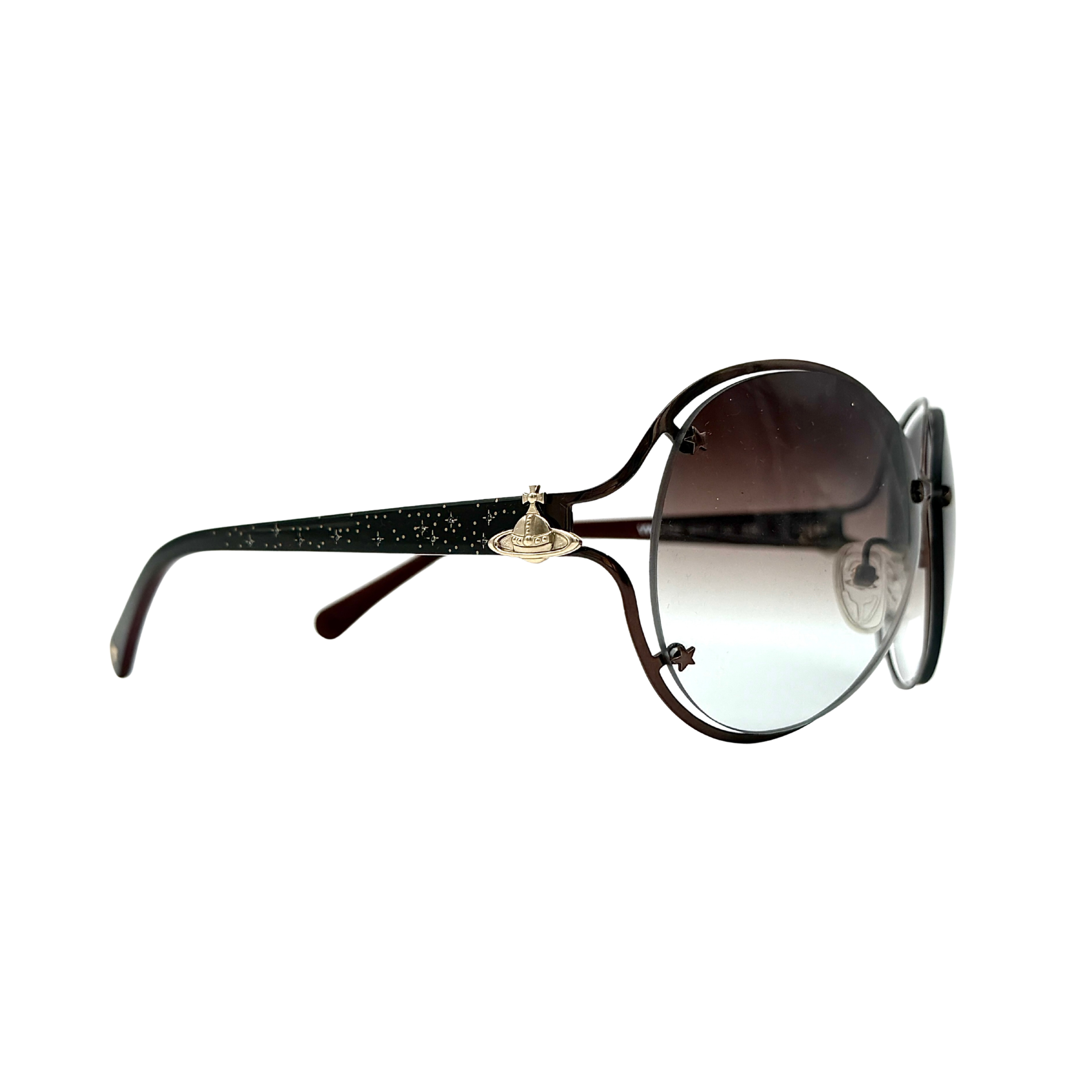 Vivienne Westwood Y2K Orb VW67702 sunglasses featuring oversized gradient lenses, black frame, and signature orb logo at the temples.